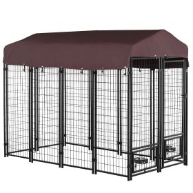 Guardian Haven Outdoor Dog Kennel with Lockable Gate, Rotating Feeding Bowls & Weather-Resistant Roof – Heavy-Duty Steel Pet Playpen, Red
