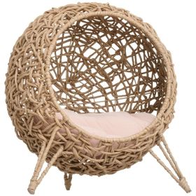 20.5" Weaved Tiny Dog or Cat Bed, Elevated Hand-woven Braided Banana Leaf House Condo with Cushion, Beige (Option: Beige-540x460x590 mm)